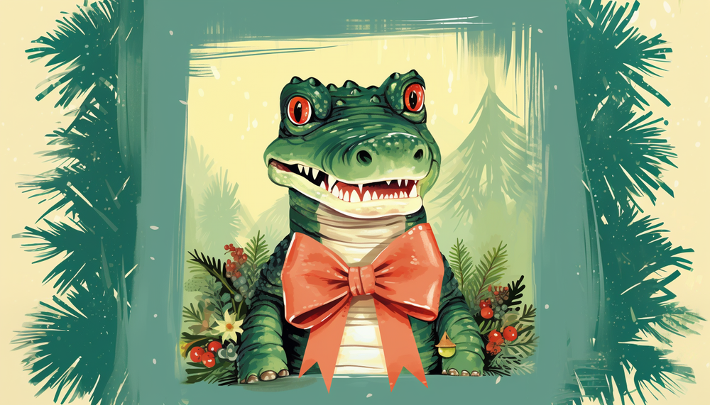 Illustration of a crocodile with red eyes wearing a red bow tie, framed by green foliage.